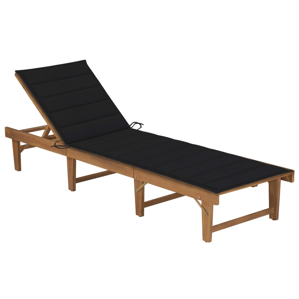 Sezlong pliabil de exterior cu perna vidaXL, Lemn de acacia, 200 x 61 x 86 cm, Maro/Negru