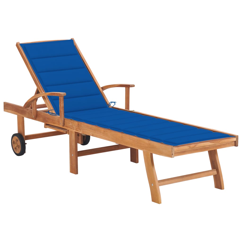Sezlong de gradina din lemn de tec cu perna vidaXL, Lemn de tec, 195 x 59.5 x 35 cm, Maro/Albastru regal