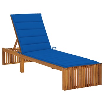 Sezlong de gradina cu spatar reglabil cu perna vidaXL, Lemn de acacia, 200 x 60 x 90 cm, Maro/Albastru regal