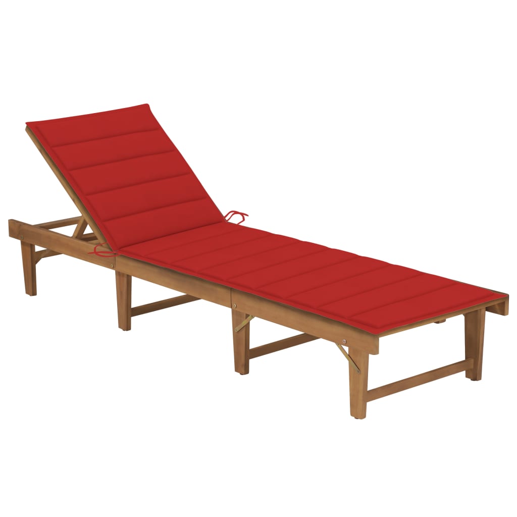 Sezlong pliabil de exterior cu perna vidaXL, Lemn de acacia, 200 x 61 x 86 cm, Maro/Rosu