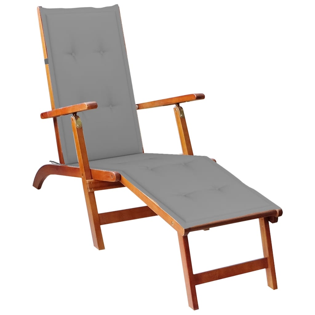 Sezlong de exterior cu suport pentru picioare si perna vidaXL, Lemn de acacia, 167 x 56 x 75 cm, Maro/Gri