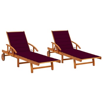 Set de 2 sezlonguri de exterior cu perna vidaXL, Lemn de acacia, 199 x 67 x 85 cm, Rosu vin Set de 2 sezlonguri de exterior cu perna vidaXL, Lemn de acacia, 199 x 67 x 85 cm, Rosu vin
