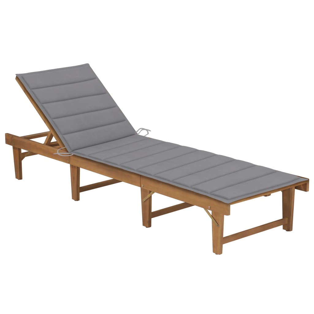 Sezlong pliabil de exterior cu perna vidaXL, Lemn de acacia, 200 x 61 x 86 cm, Maro/Gri