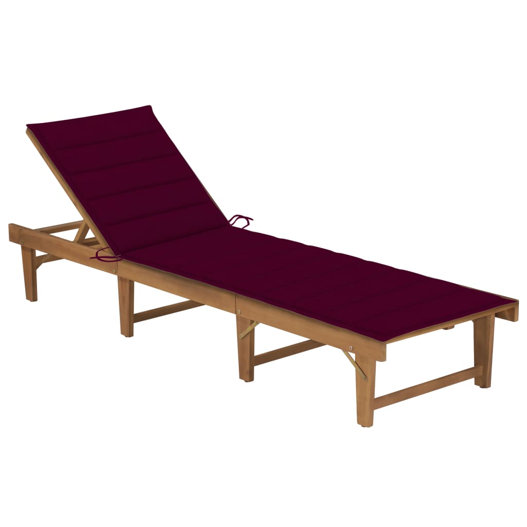 Sezlong pliabil de exterior cu perna vidaXL, Lemn de acacia, 200 x 61 x 86 cm, Maro/Rosu vin
