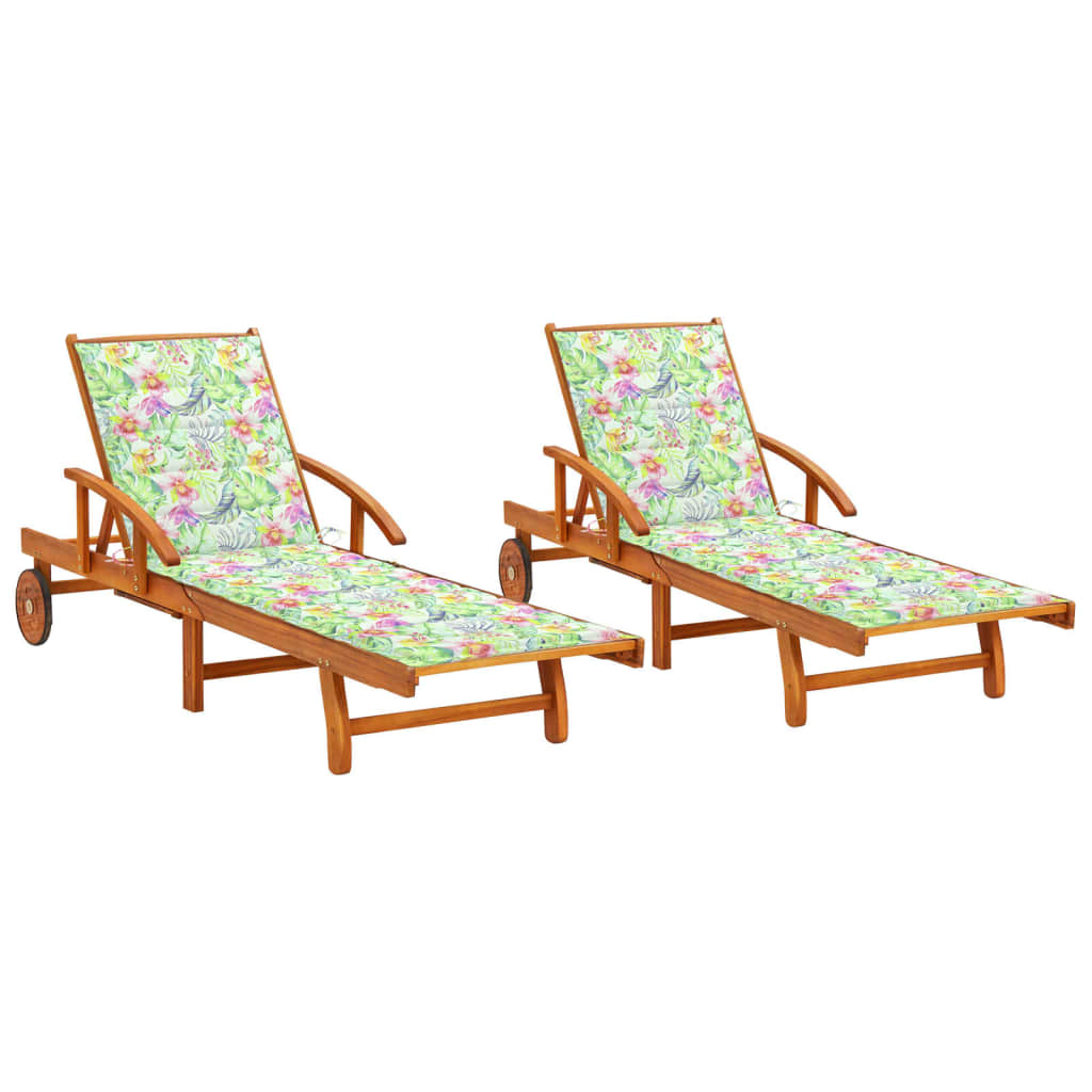 Set de 2 sezlonguri de exterior cu perna cu model floral vidaXL, Lemn de acacia, 199 x 67 x 85 cm, Multicolor