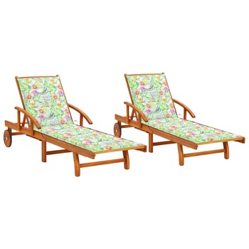 Set de 2 sezlonguri de exterior cu perna cu model floral vidaXL, Lemn de acacia, 199 x 67 x 85 cm, Multicolor Set de 2 sezlonguri de exterior cu perna cu model floral vidaXL, Lemn de acacia, 199 x 67 x 85 cm, Multicolor