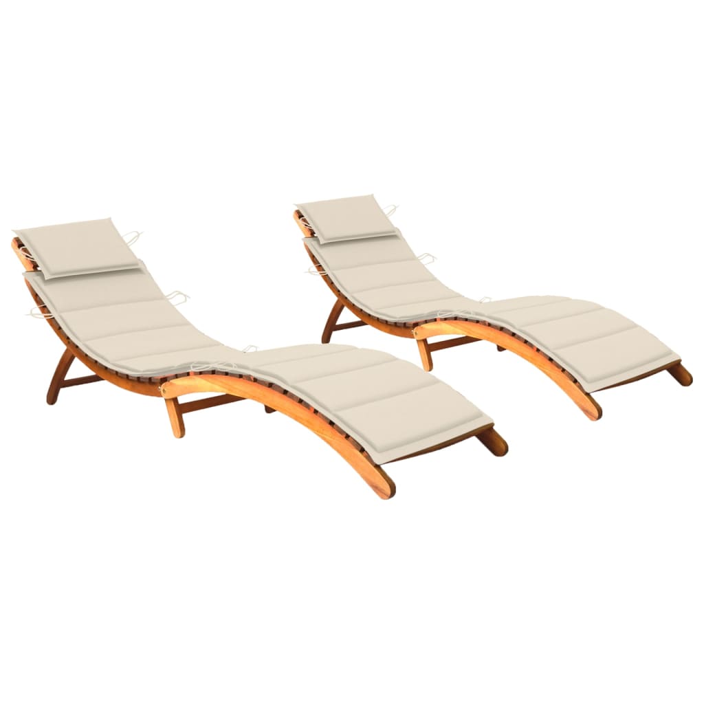 Set de 2 sezlonguri de exterior pliabile cu perna vidaXL, Lemn de acacia, 184 x 55 x 64 cm, Maro-Crem