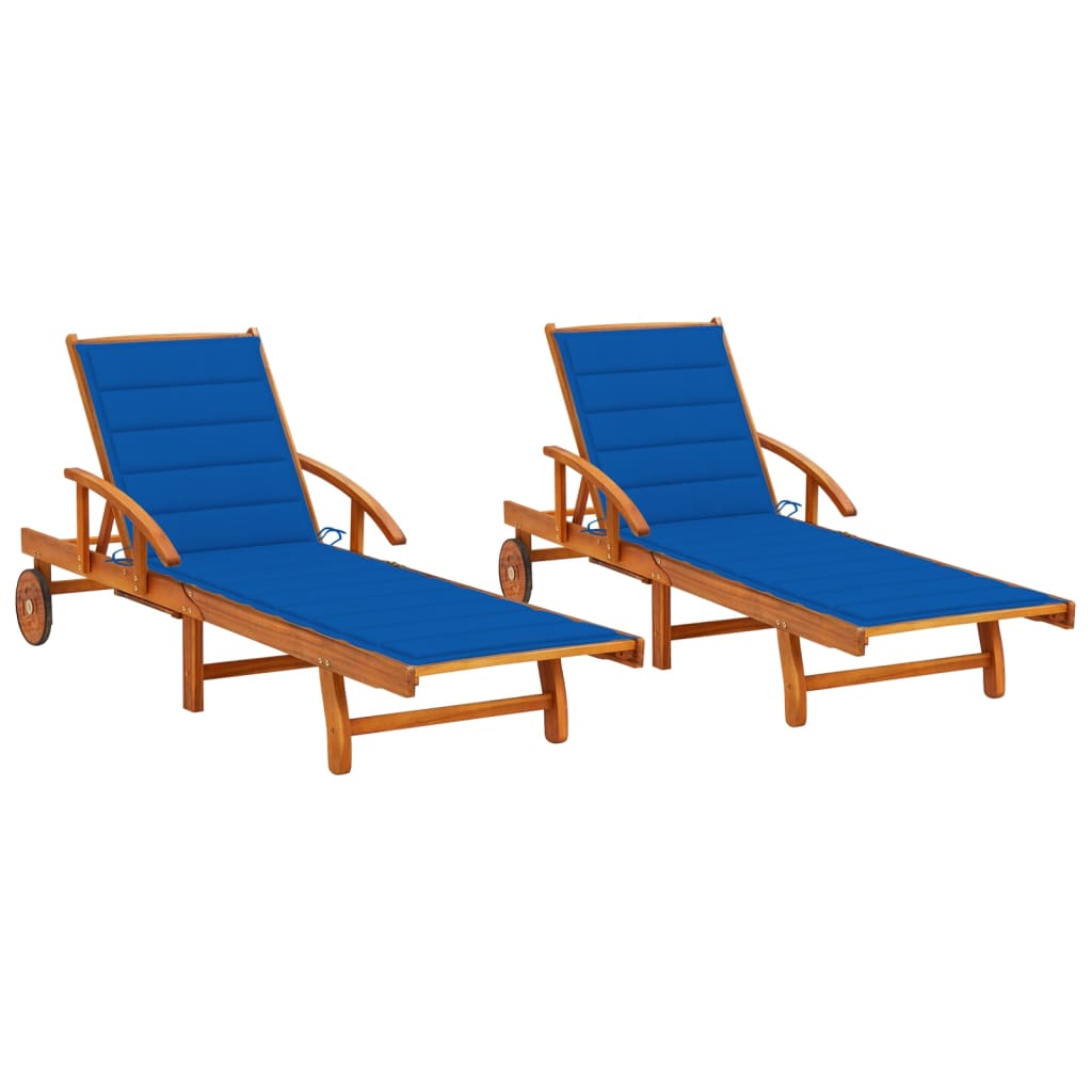 Set de 2 sezlonguri de exterior cu perna vidaXL, Lemn de acacia, 199 x 67 x 85 cm, Albastru regal