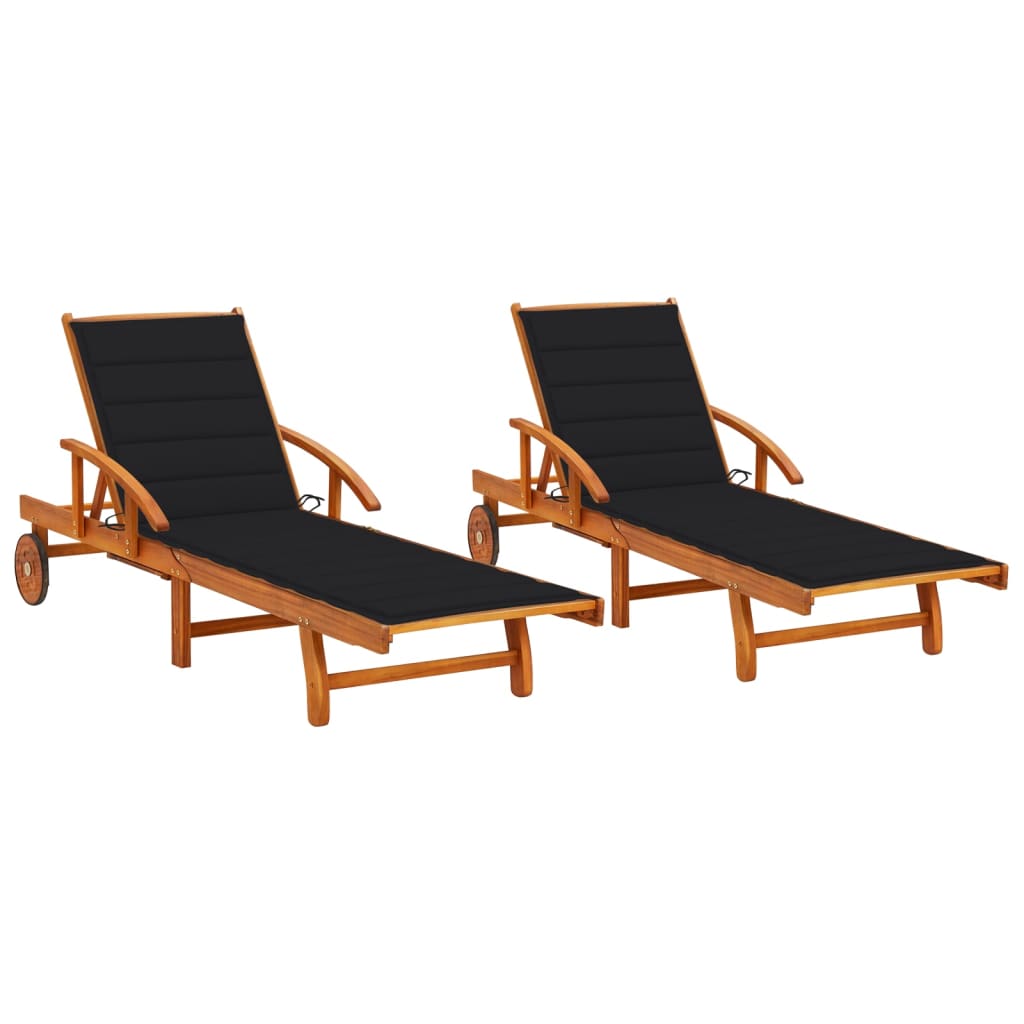 Set de 2 sezlonguri de exterior cu perna vidaXL, Lemn de acacia, 199 x 67 x 85 cm, Negru
