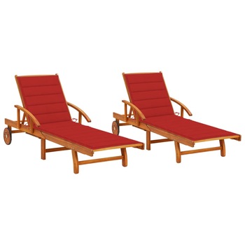 Set de 2 sezlonguri de exterior cu perna vidaXL, Lemn de acacia, 199 x 67 x 85 cm, Rosu Set de 2 sezlonguri de exterior cu perna vidaXL, Lemn de acacia, 199 x 67 x 85 cm, Rosu
