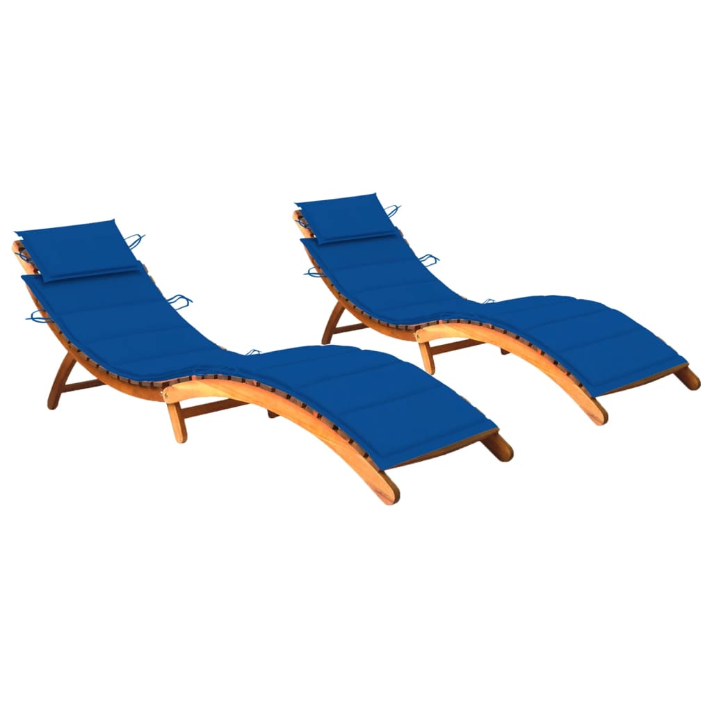 Set de 2 sezlonguri de exterior pliabile cu perna vidaXL, Lemn de acacia, 184 x 55 x 64 cm, Maro/Albastru