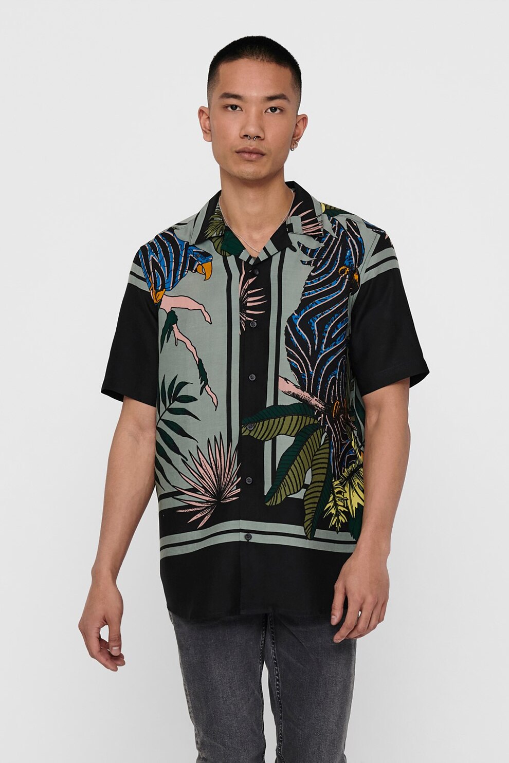Only & Sons, Camasa cu maneci scurte si imprimeu tropical, Negru/Verde/Bleumarin