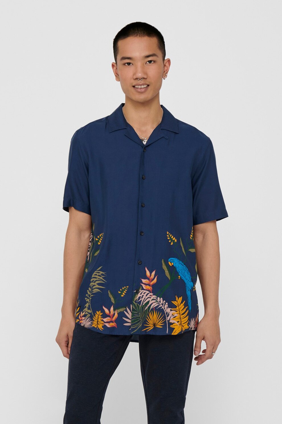 Only & Sons, Camasa cu maneci scurte si imprimeu tropical, Bleumarin/Oranj