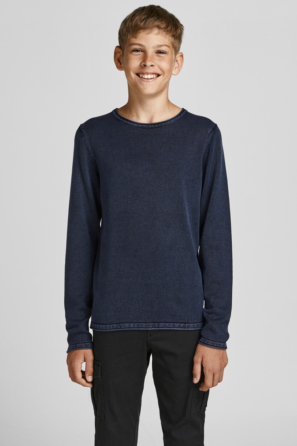 Jack&Jones, Bluza de bumbac cu decolteu rotund, Bleumarin inchis