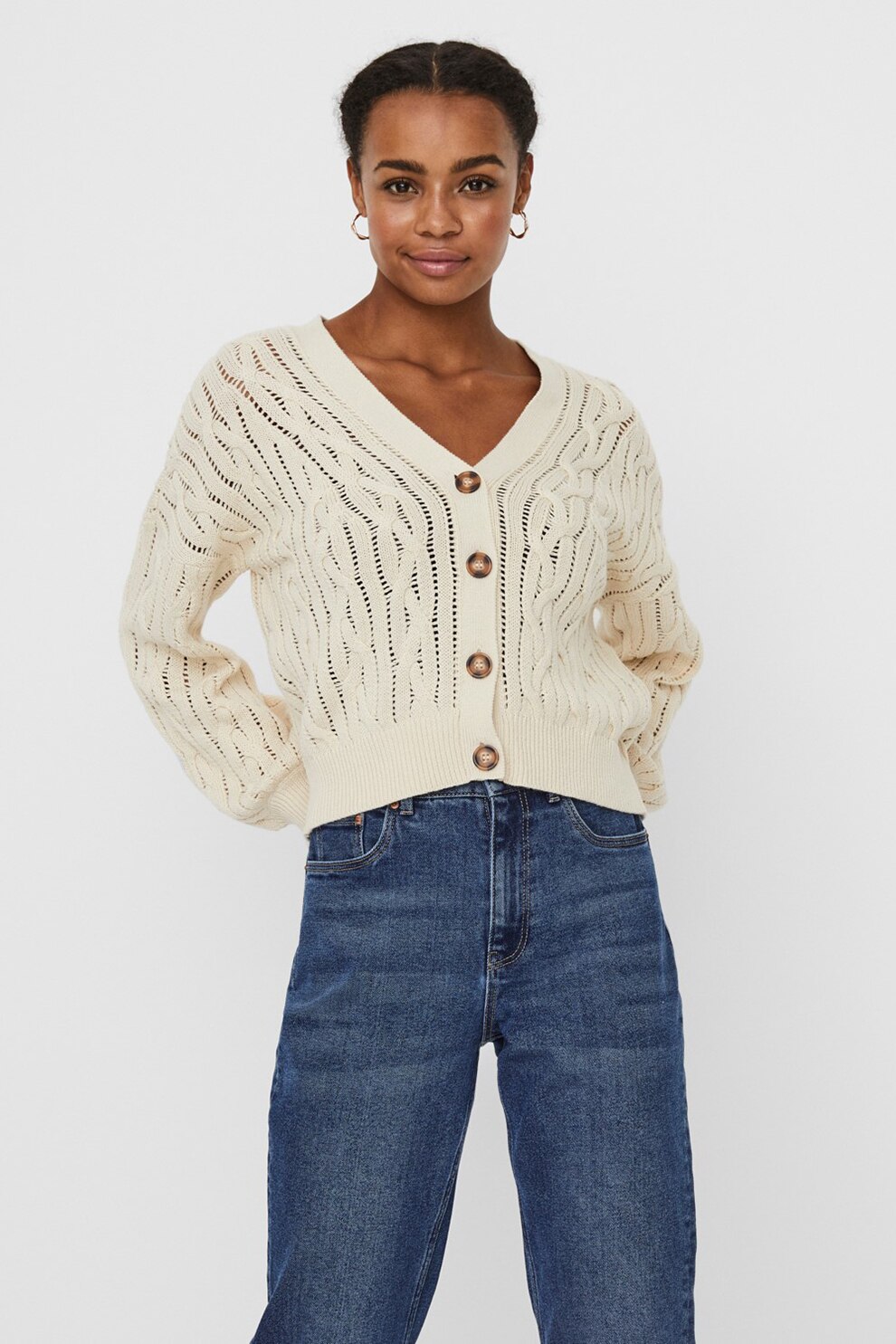 Vero Moda, Cardigan din bumbac organic cu decolteu in V Clementine, Crem, L