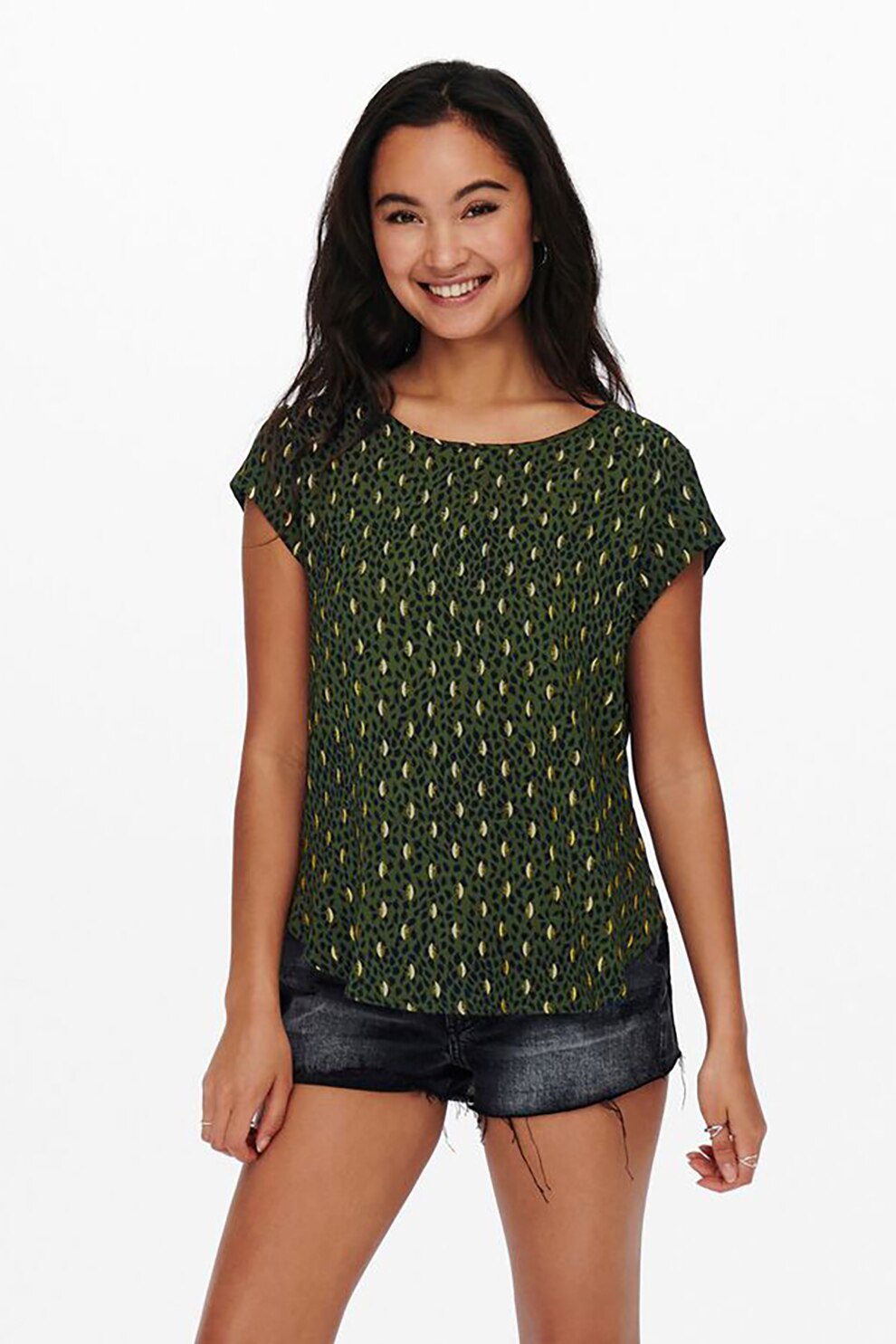 Only, Bluza cu maneci scurte si imprimeu, Verde militar/Galben/Negru