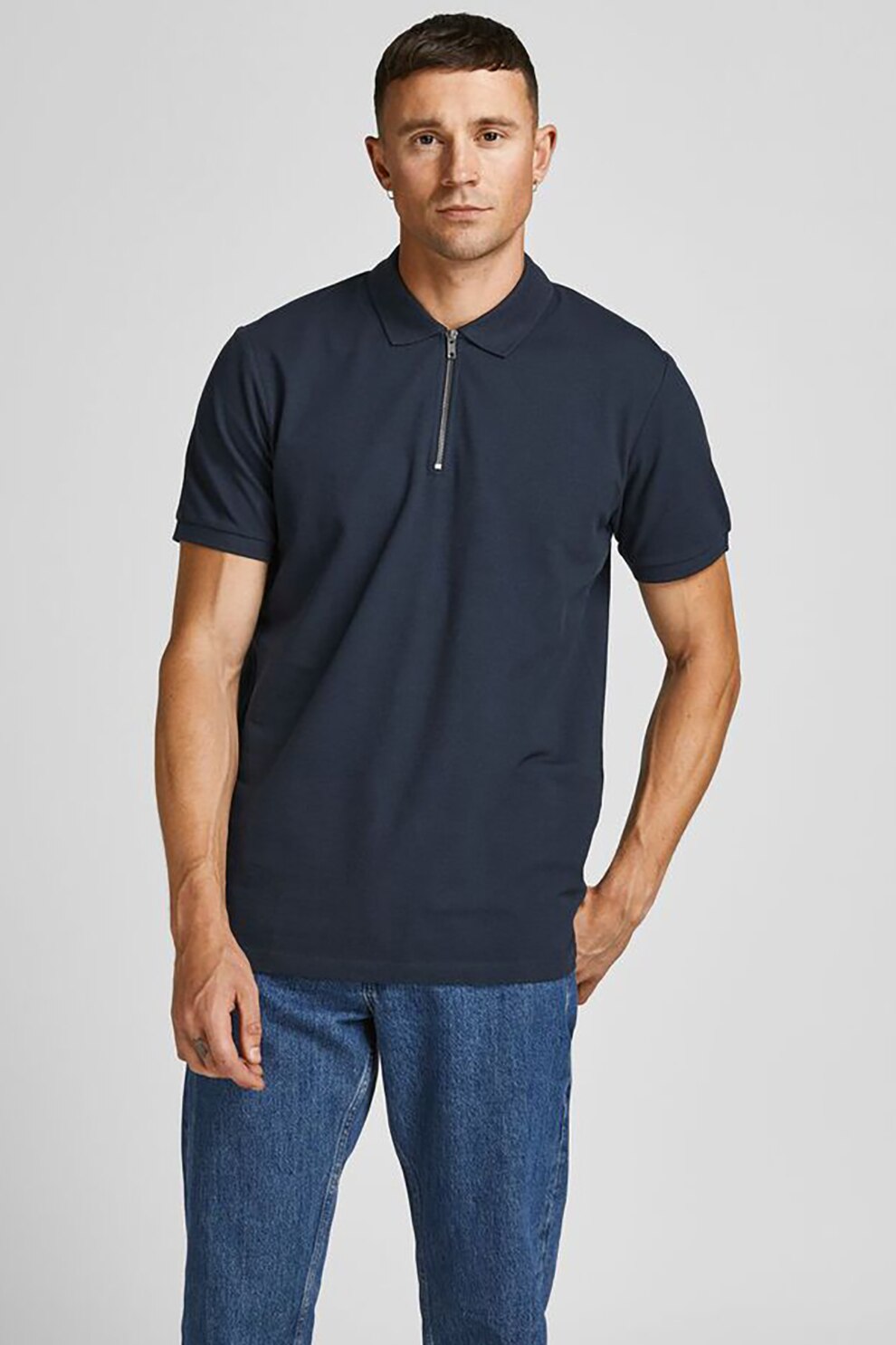 Jack&Jones, Tricou polo din pique cu fermoar scurt, Bleumarin inchis