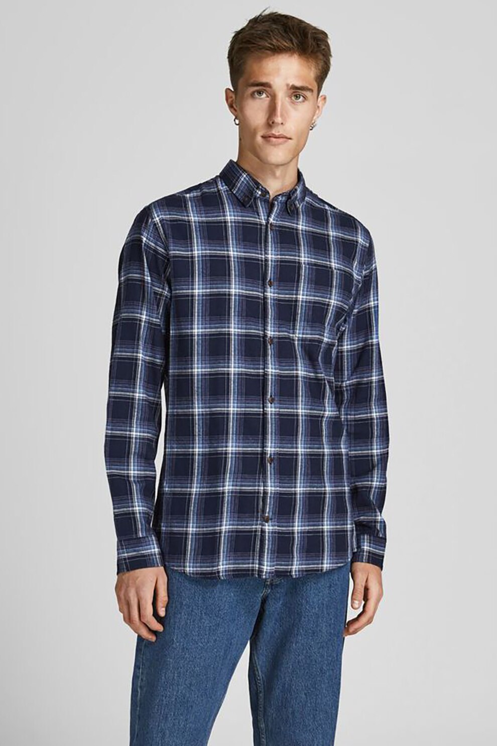 Jack&Jones, Camasa slim fit in carouri, cu nasturi, Bleumarin/Alb