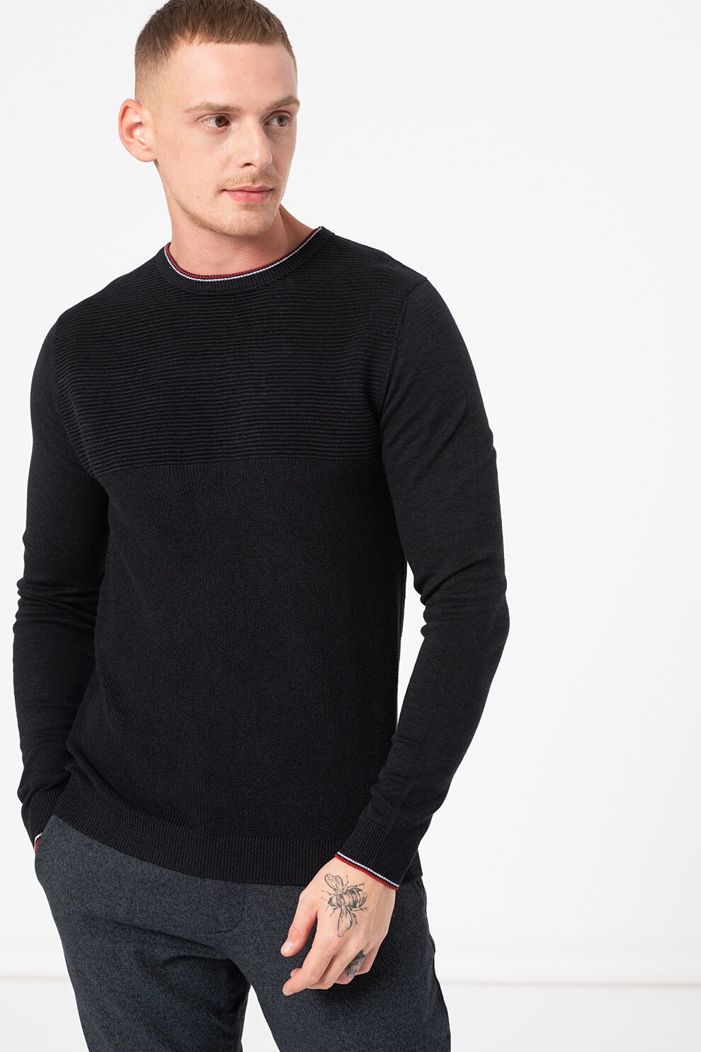 Jack&Jones, Pulover de bumbac cu decolteu la baza gatului Ryder, Negru, L