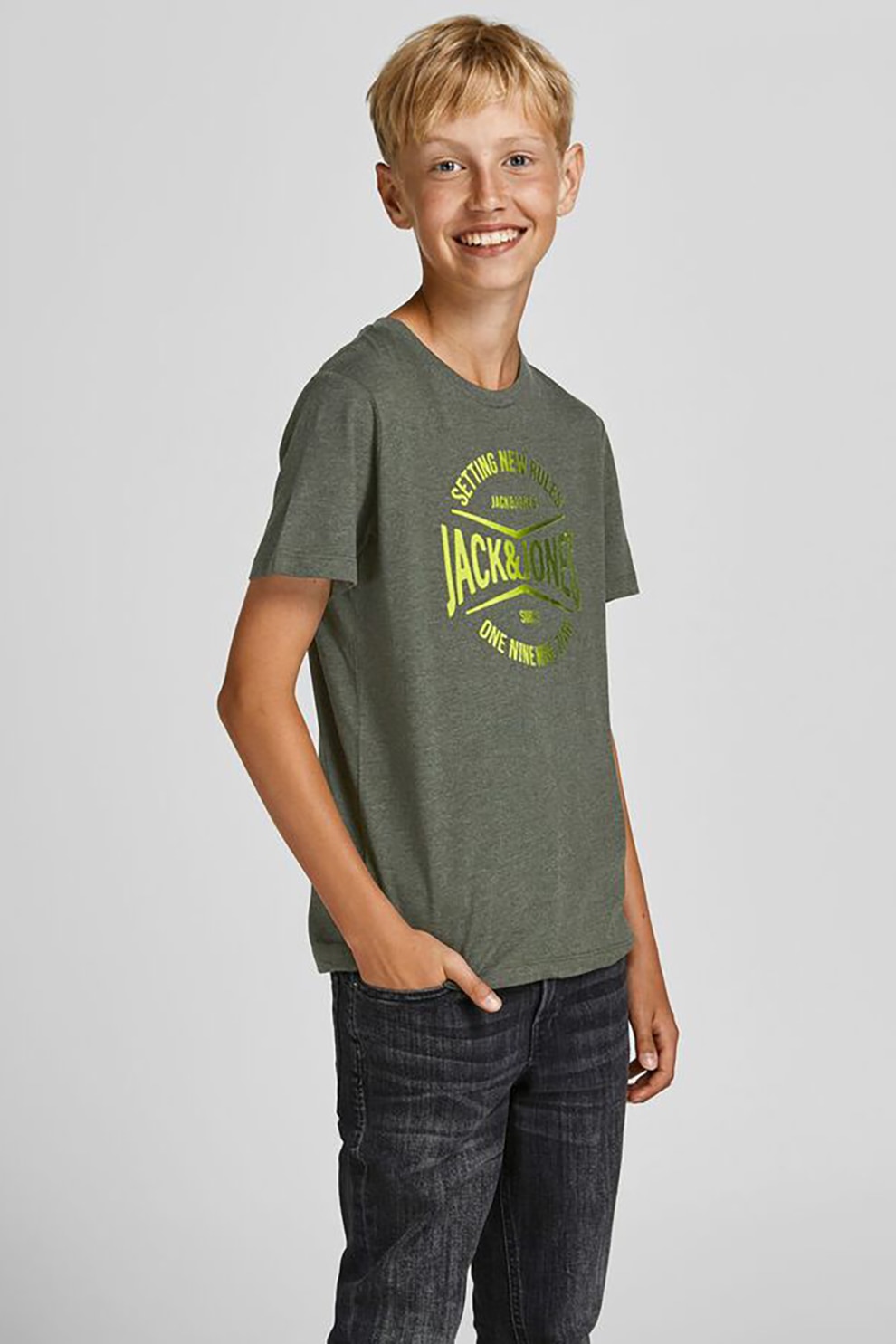 Jack&Jones, Tricou cu decolteu la baza gatului si imprimeu logo, Verde oliv/galben