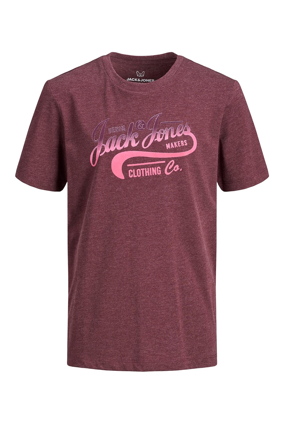 Jack&Jones, Tricou cu decolteu la baza gatului si imprimeu logo, Rosu Bordeaux/Roz