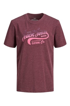 Jack&Jones, Tricou cu decolteu la baza gatului si imprimeu logo, Rosu Bordeaux/Roz Jack&Jones, Tricou cu decolteu la baza gatului si imprimeu logo, Rosu Bordeaux/Roz