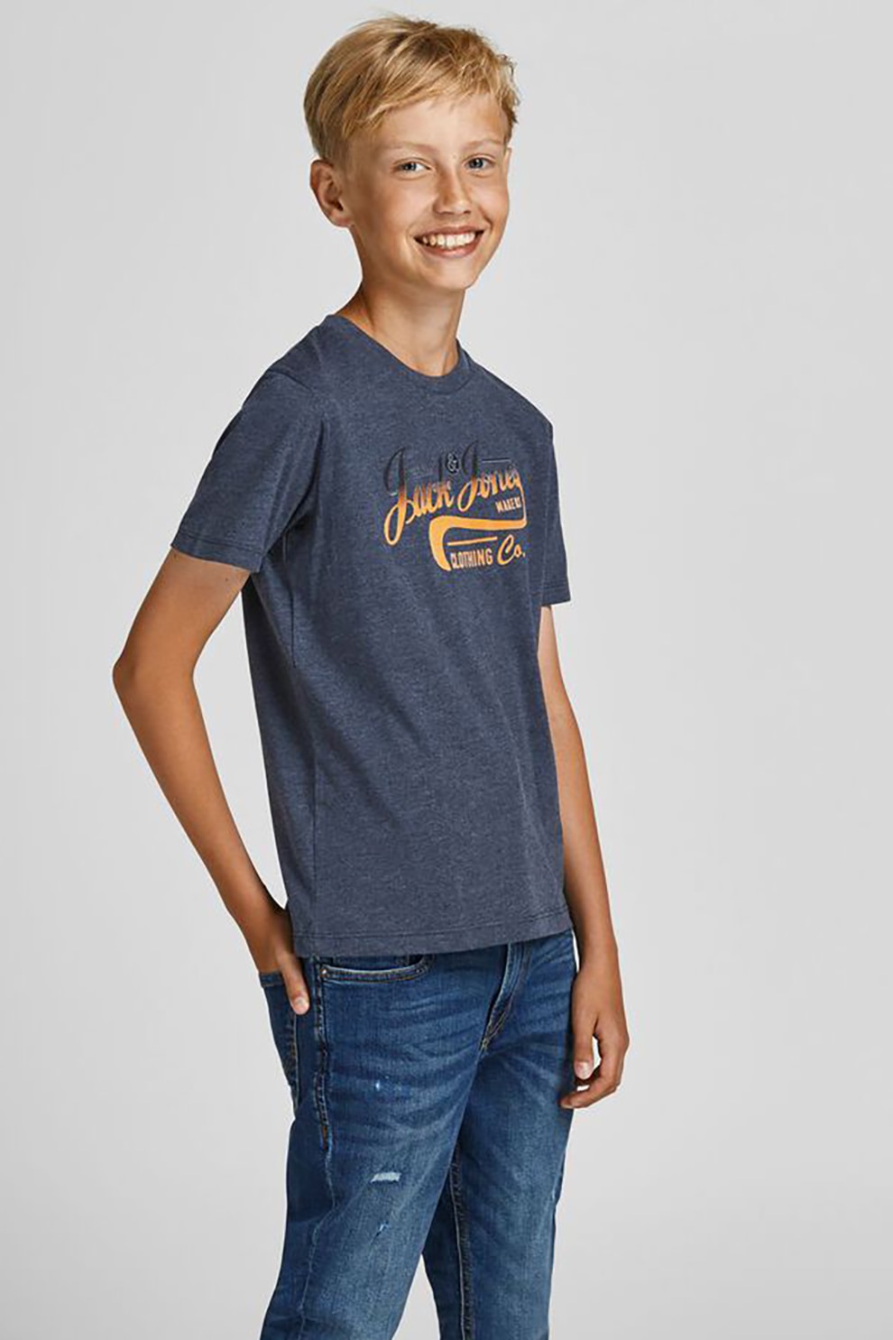 Jack&Jones, Tricou cu decolteu la baza gatului si imprimeu logo, Albastru inchis/ Oranj