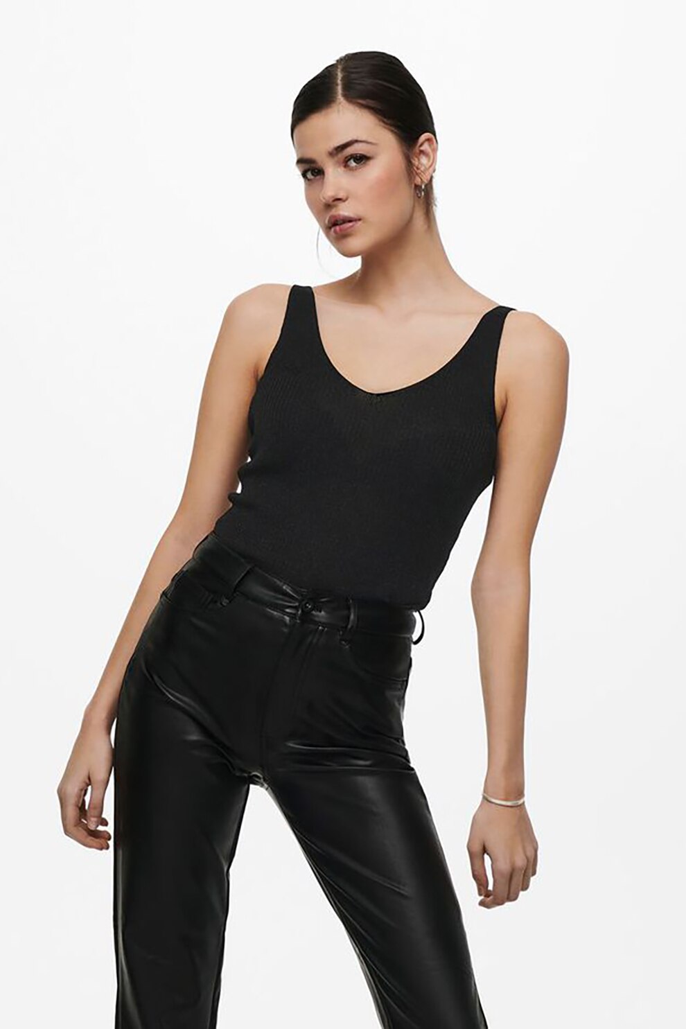 JdY, Top cu decolteu in V si aspect striat, Negru stins