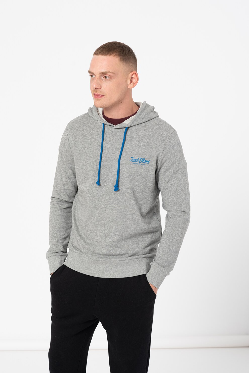 Jack&Jones, Hanorac cu imprimeu logo pe piept Chap, Gri melange, S