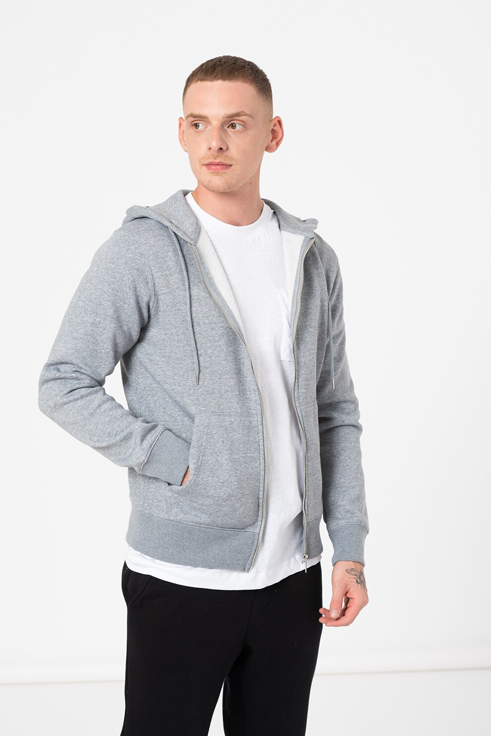 Jack&Jones, Hanorac cu fermoar si buzunare frontale, Gri melange, XL