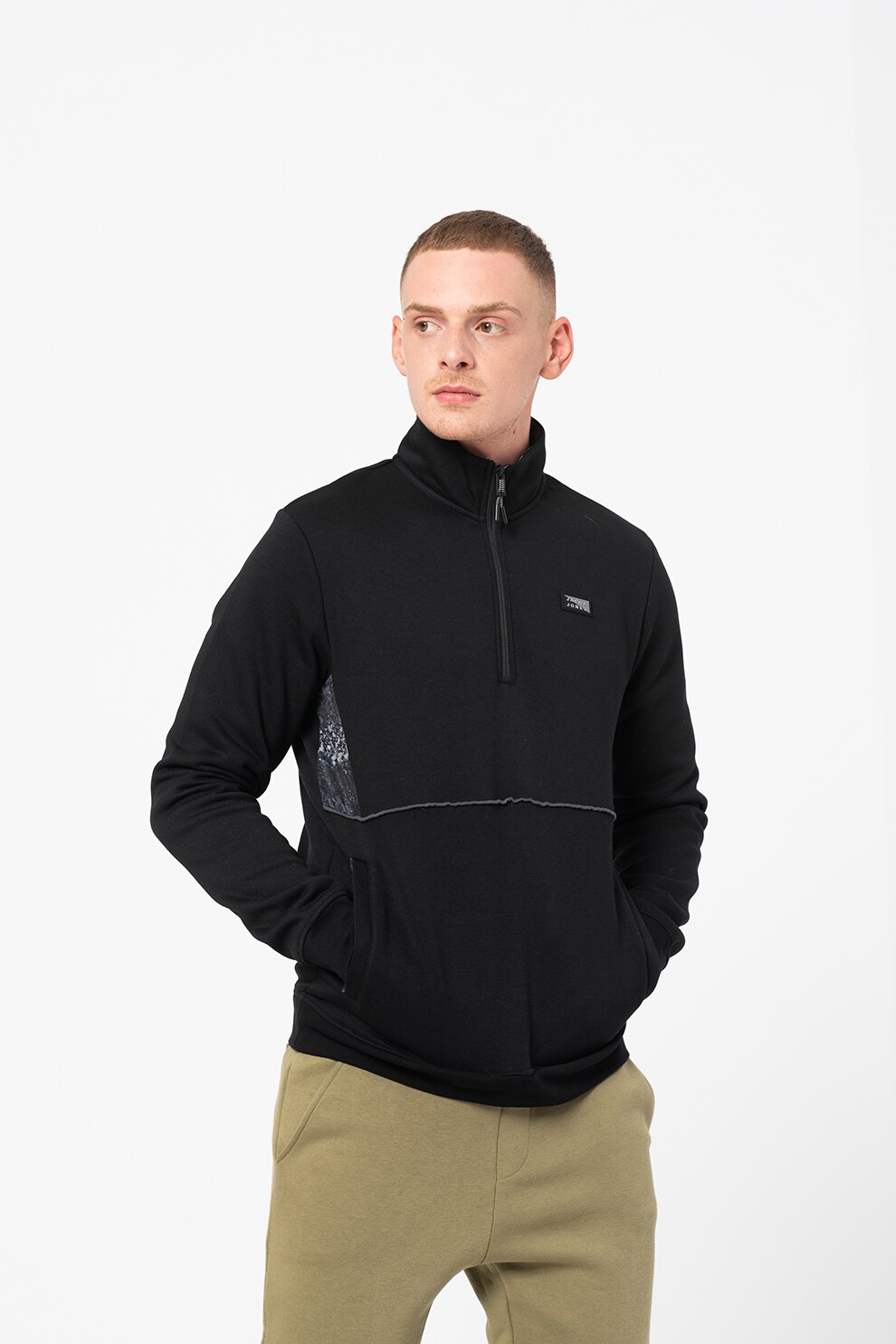 Jack&Jones, Bluza sport cu fenta cu fermoar Lambert, Negru