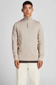 Jack&Jones, Pulover tricotat fin cu fenta cu fermoar, Maro nisip Jack&Jones, Pulover tricotat fin cu fenta cu fermoar, Maro nisip