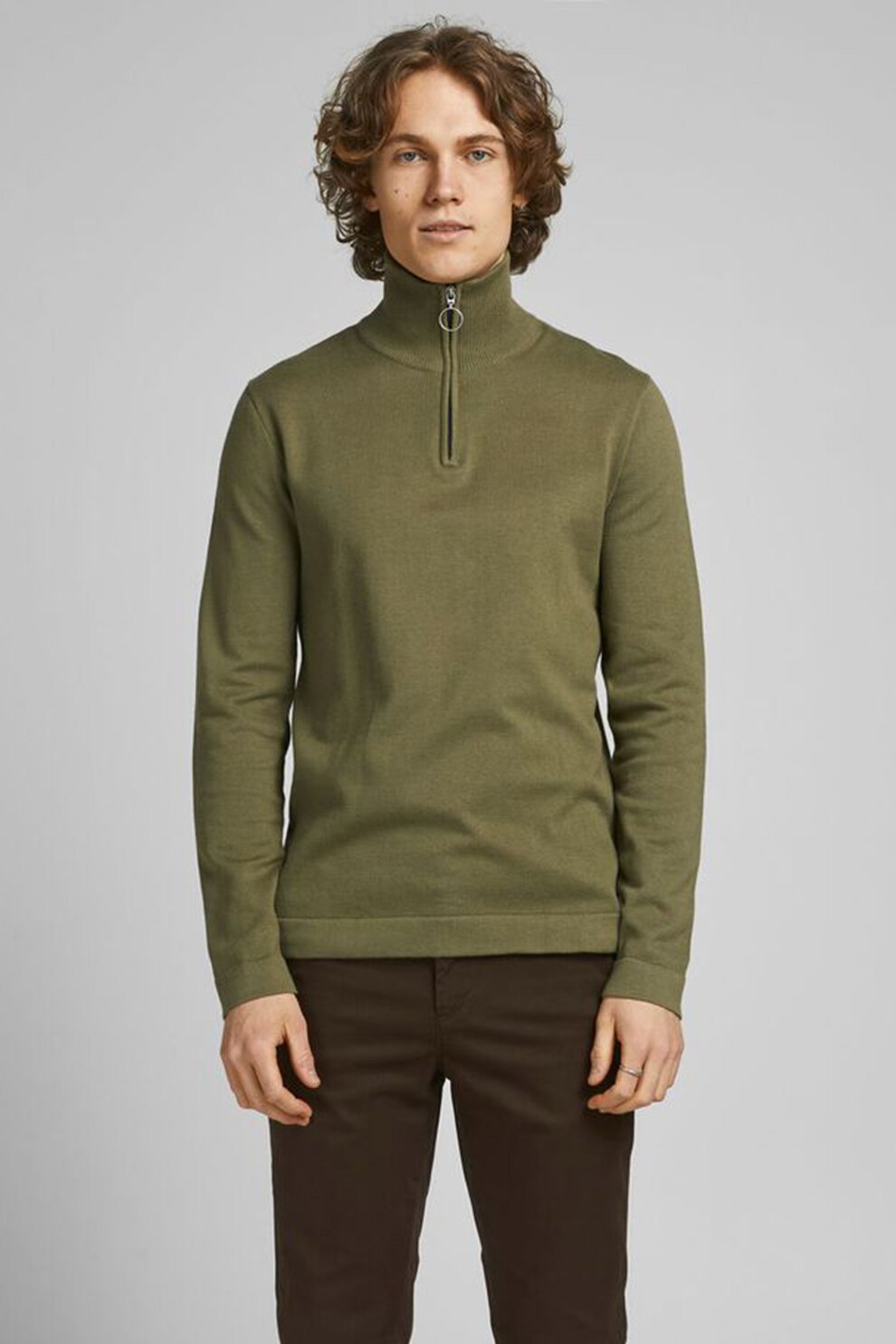 Jack&Jones, Pulover tricotat fin cu fenta cu fermoar, Verde oliv