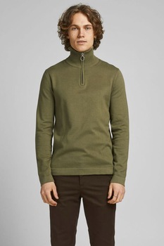Jack&Jones, Pulover tricotat fin cu fenta cu fermoar, Verde oliv Jack&Jones, Pulover tricotat fin cu fenta cu fermoar, Verde oliv