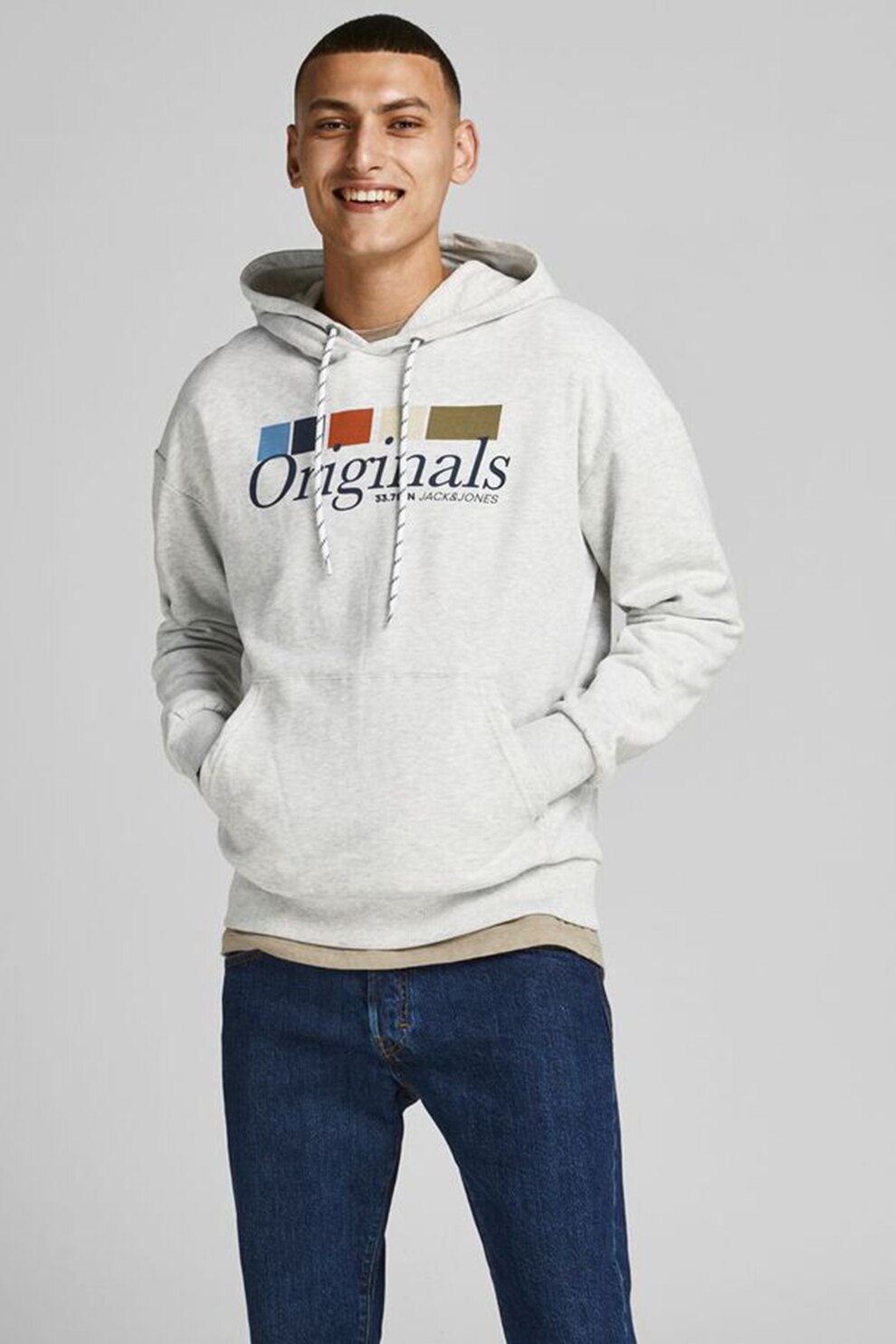 Jack&Jones, Hanorac cu imprimeu logo si buzunar kangaroo, Alb/Bleumarin, L