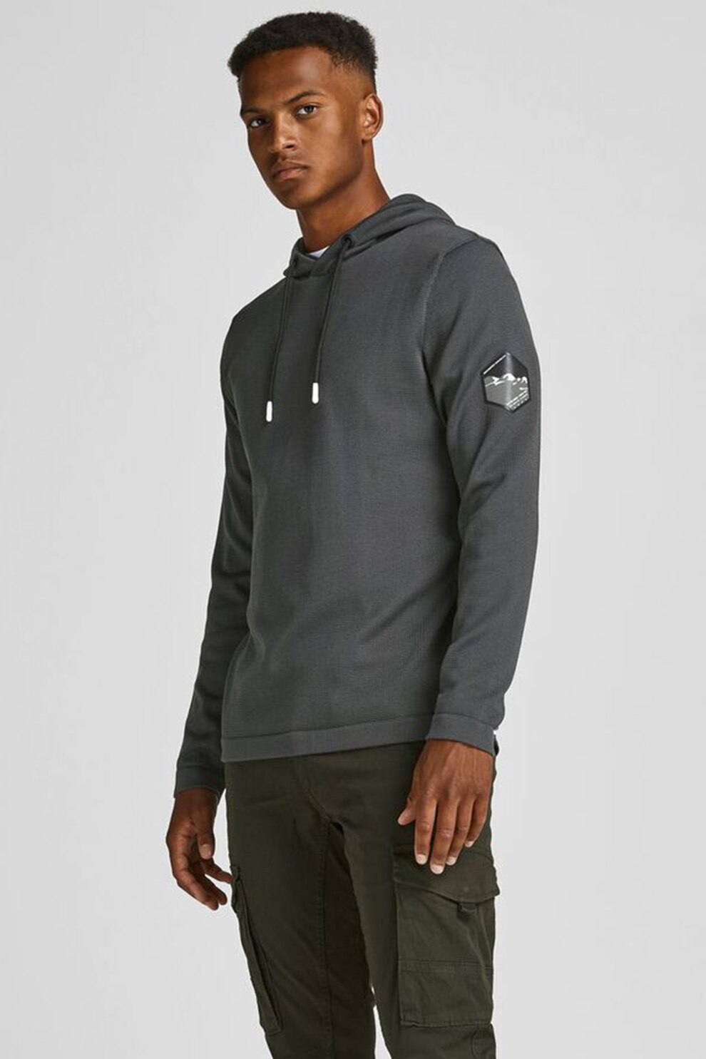 Jack&Jones, Hanorac cu snur si aplicatie logo, Gri antracit