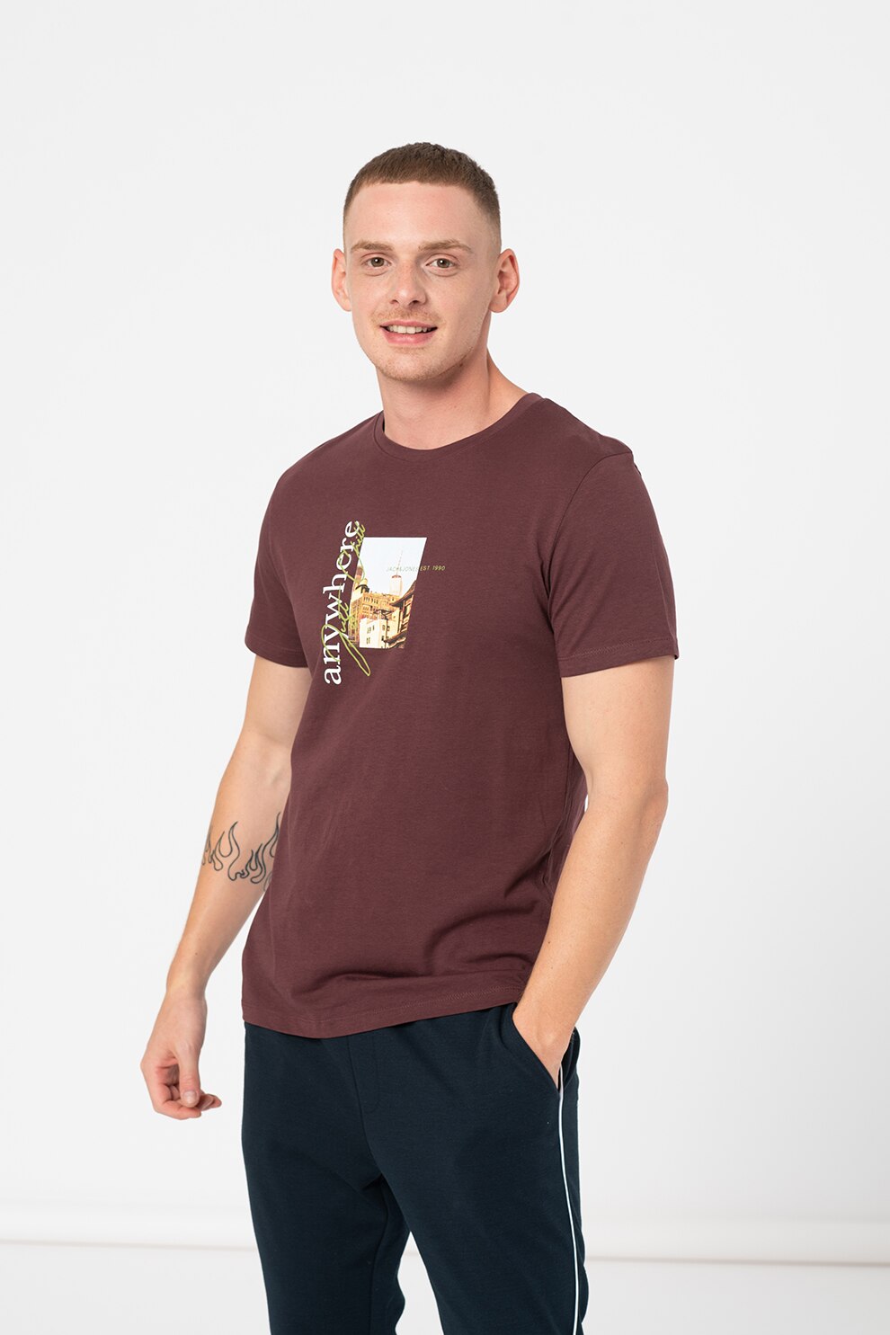 Jack&Jones, Tricou de bumbac cu decolteu la baza gatului Where Photo, Visiniu, M