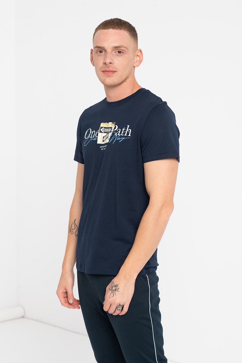 Jack&Jones, Tricou de bumbac cu decolteu la baza gatului Where Photo, Bleumarin, M