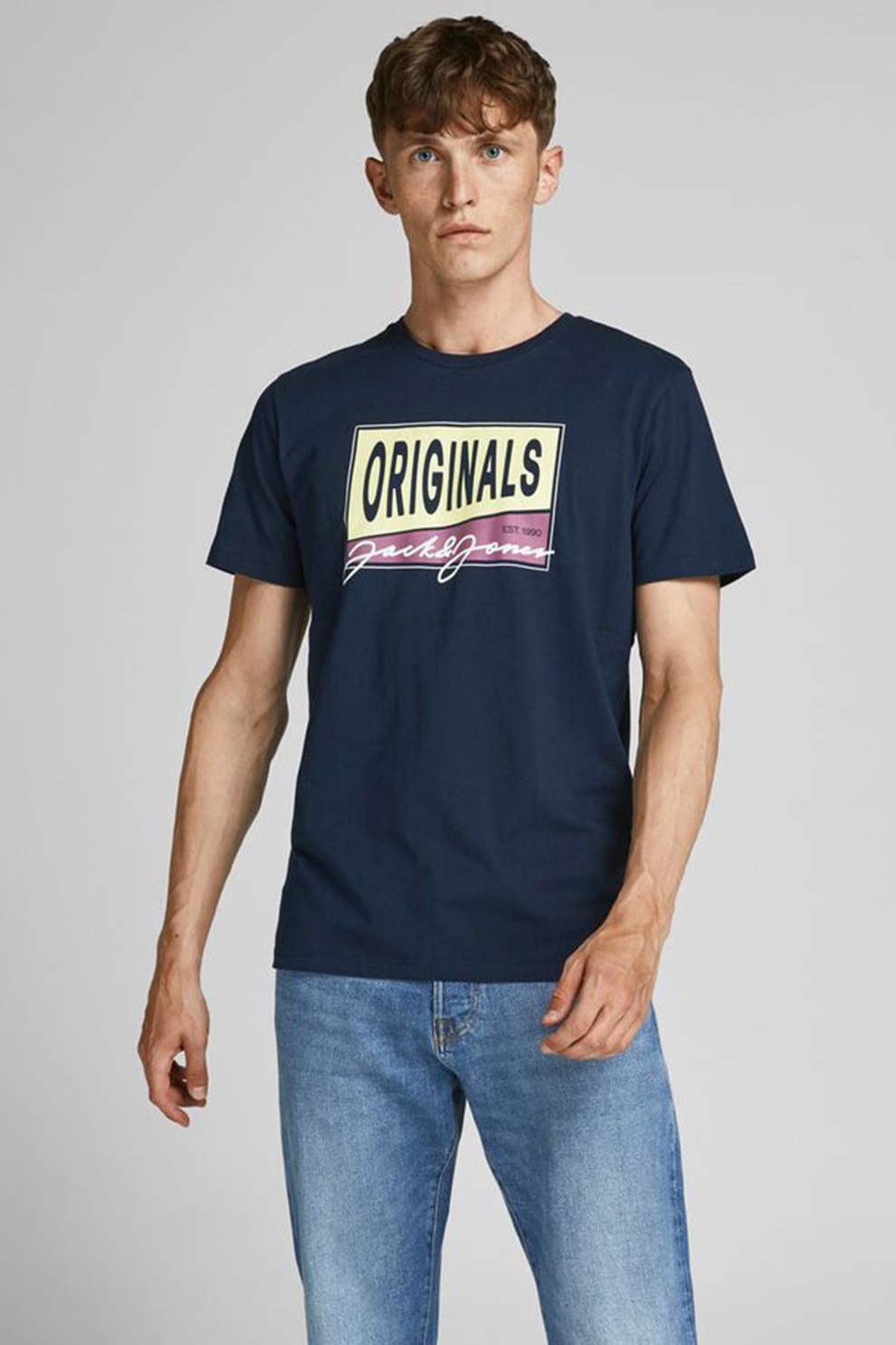 Jack&Jones, Tricou regular fit cu logo, Bleumarin/Crem