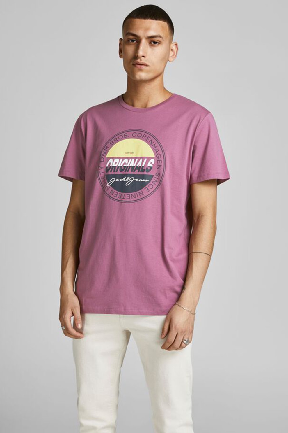 Jack&Jones, Tricou regular fit cu logo, Roz/Galben/Negru stins