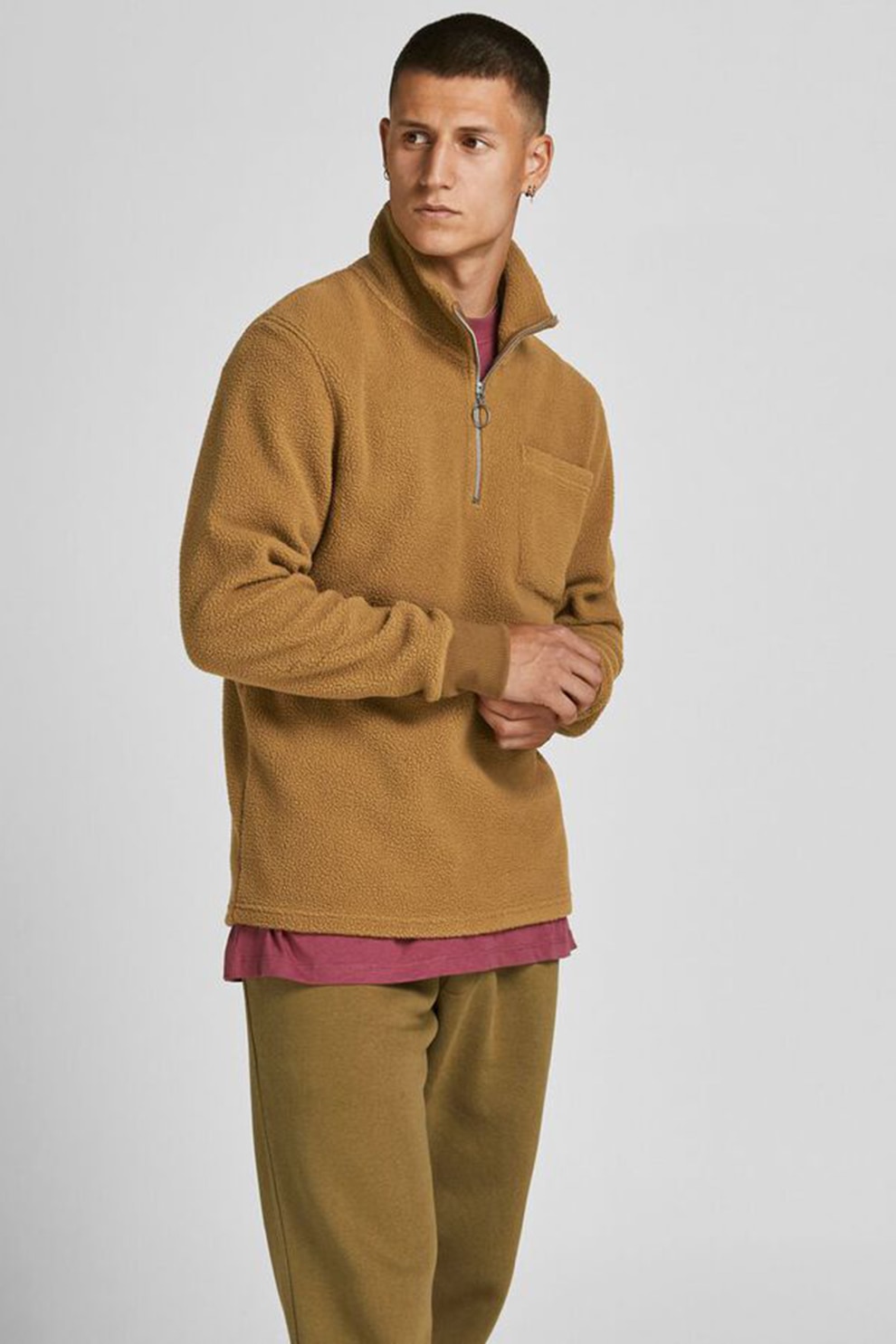 Jack&Jones, Bluza regular fit din material teddy cu fenta scurta cu fermoar, Maro caramel