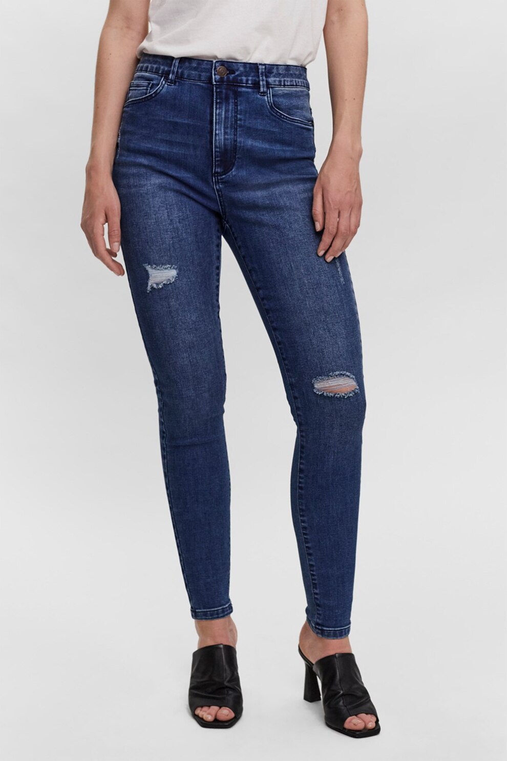 Vero Moda, Blugi skinny cu detalii deteriorate, Albastru inchis