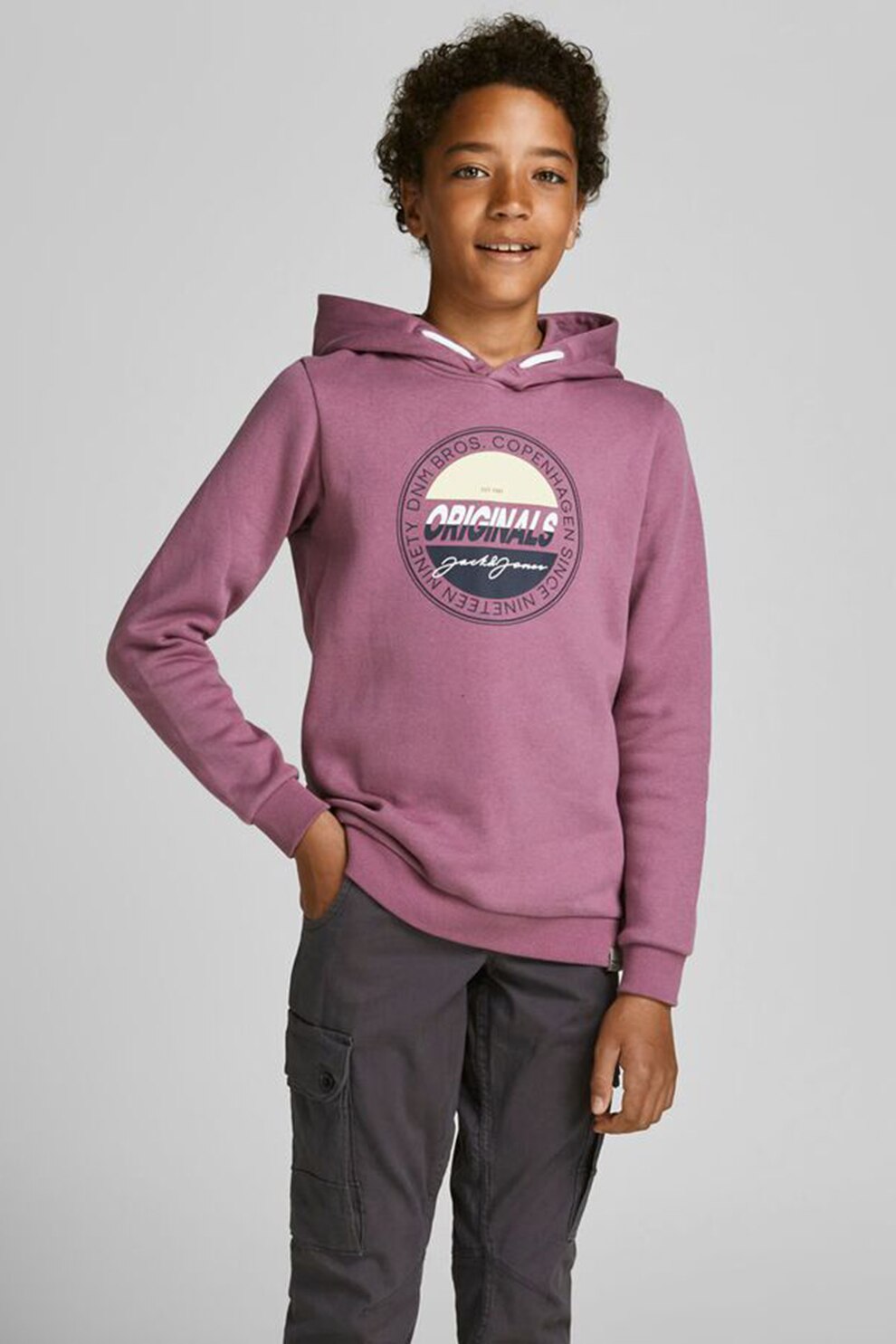 Jack&Jones, Hanorac regular fit cu imprimeu logo, 128 CM, Roz/Galben pal/Negru stins