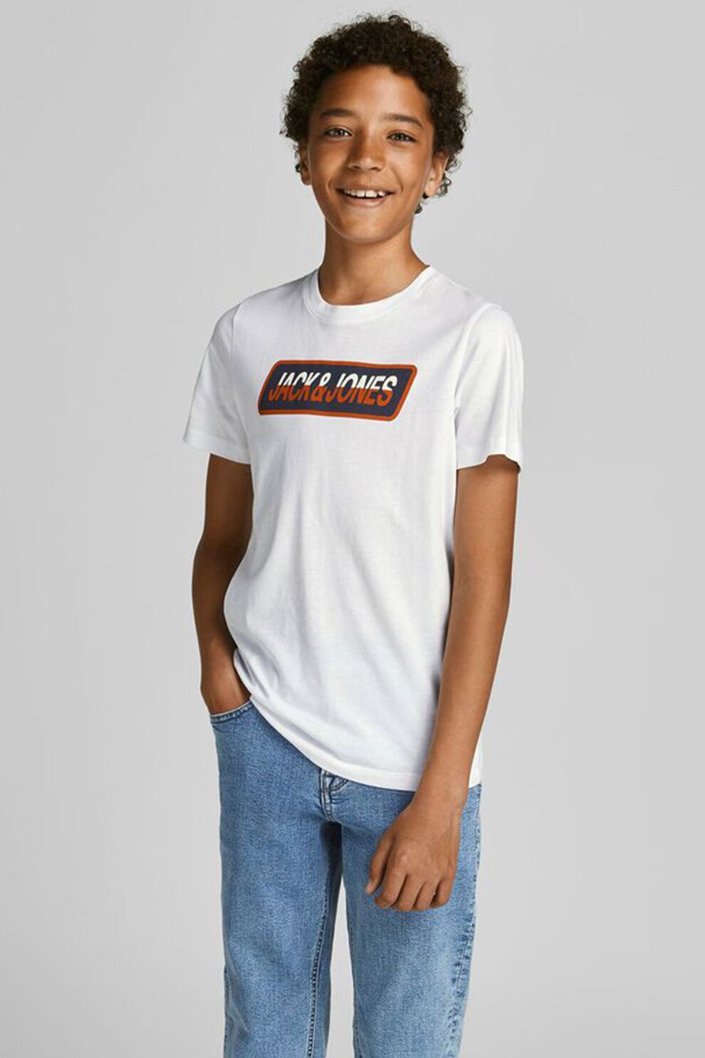 Jack&Jones, Tricou cu decolteu la baza gatului si imprimeu logo, Alb optic/Bleumarin/Oranj stins