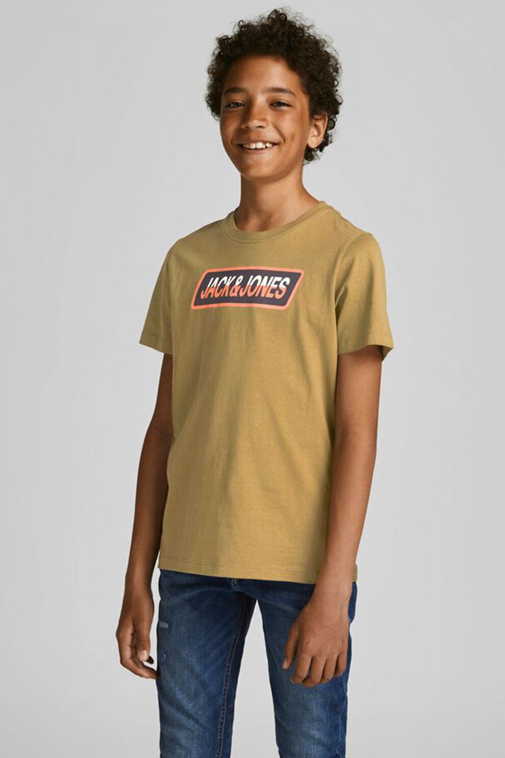 Jack&Jones, Tricou cu decolteu la baza gatului si imprimeu logo, Verde maslina/Bleumarin/Oranj stins