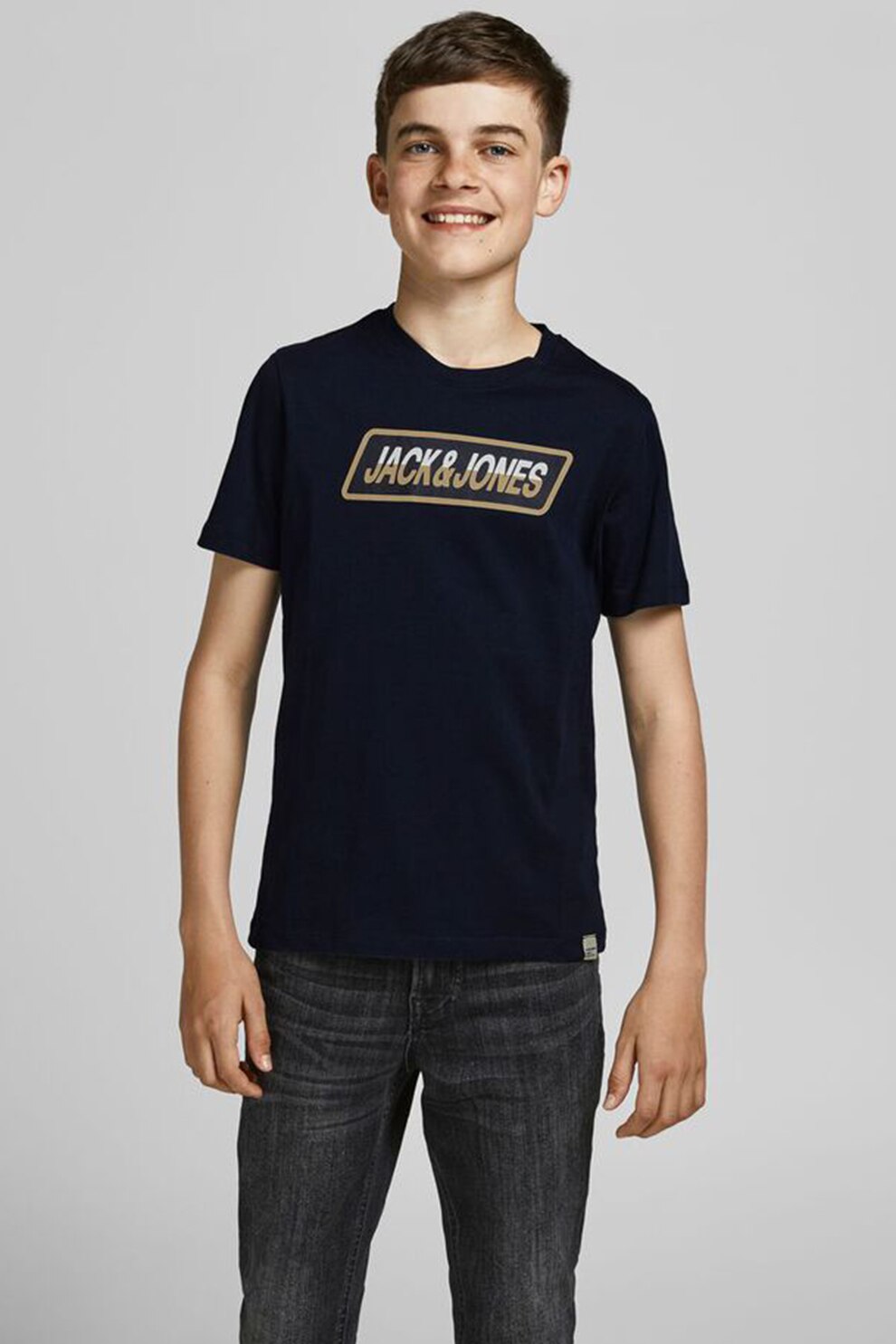 Jack&Jones, Tricou cu decolteu la baza gatului si imprimeu logo, Bleumarin inchis