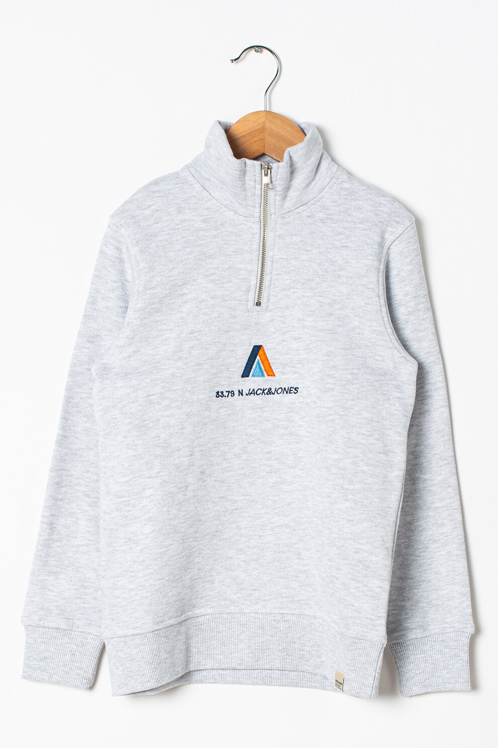 Jack&Jones, Bluza sport cu fermoar scurt Clayton, Alb melange/Bleumarin inchis/Oranj