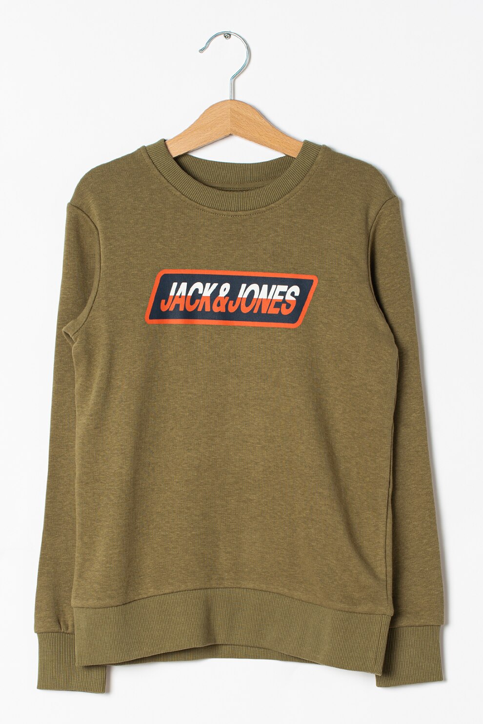 Jack&Jones, Bluza sport cu decolteu la baza gatului si logo Swirle, Verde militar/Oranj mandarina/Bleumarin inchis