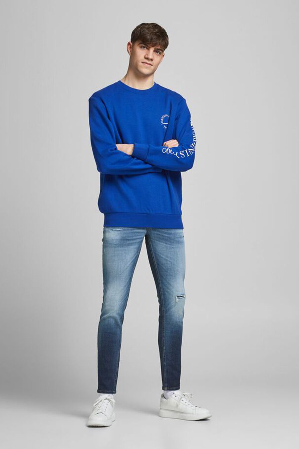 Jack&Jones, Blugi skinny fit cu aspect decolorat Liam, Bleumarin/Alb