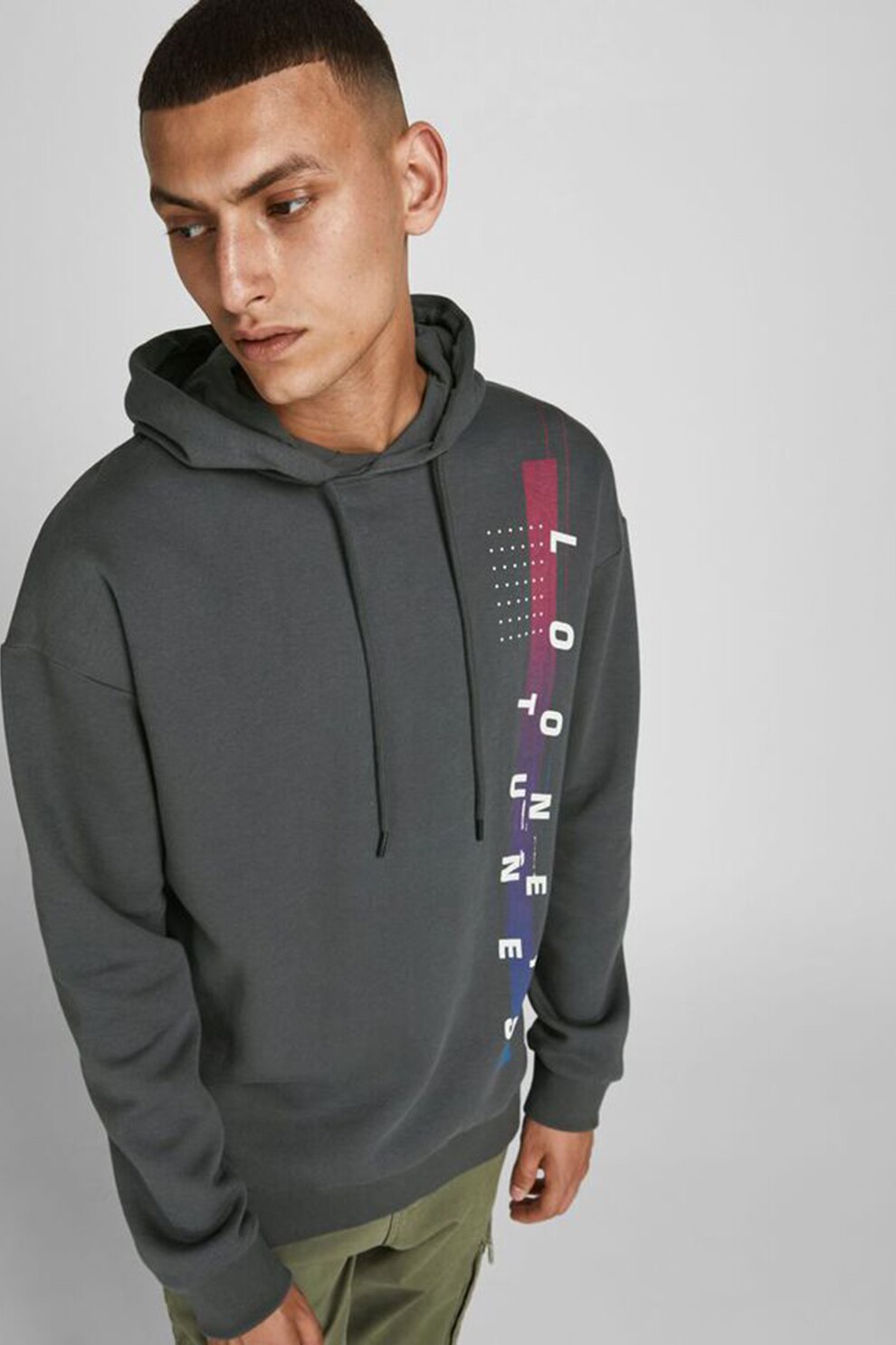 Jack&Jones, Hanorac relaxed fit cu imprimeu cu desene, Gri inchis/Alb